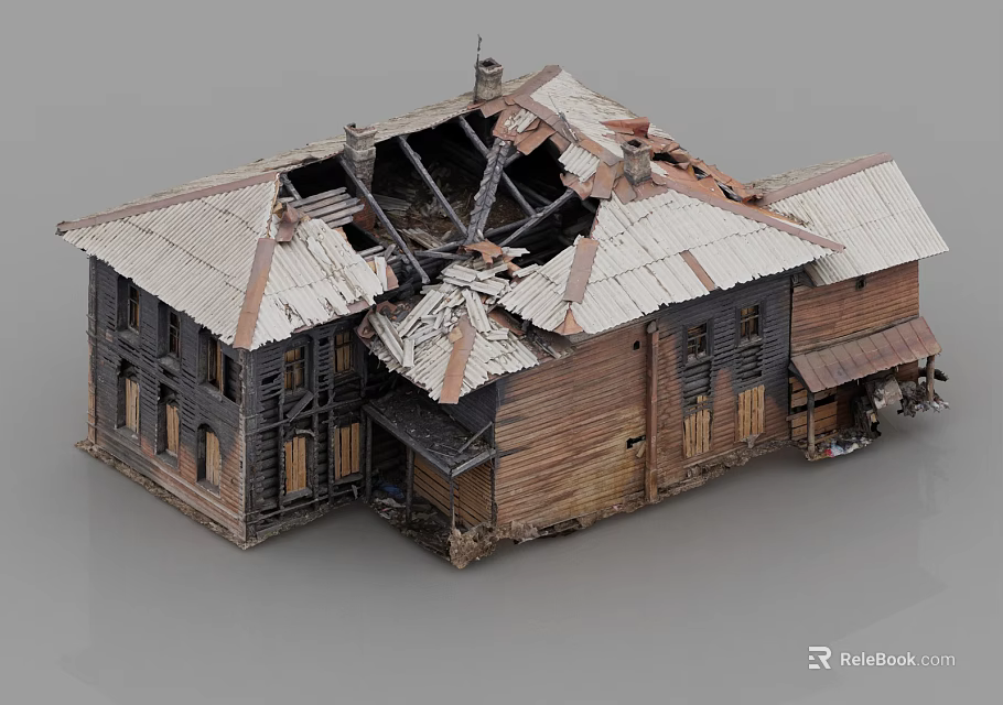 Dilapidated Old House Model With Broken Roof And Collapsed Wooden Structure 3d model 