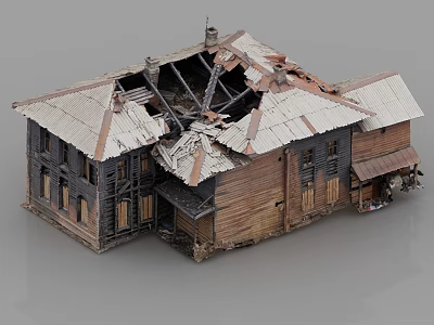 Dilapidated Old House Model With Broken Roof And Collapsed Wooden Structure 3d model