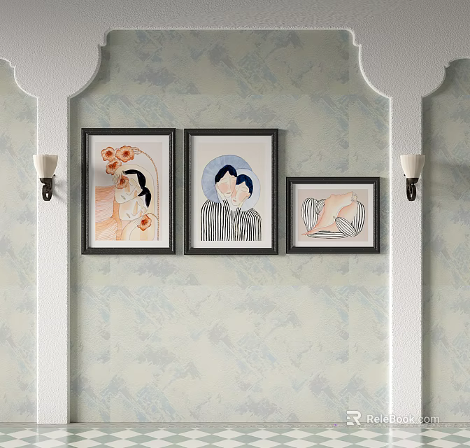 Three Framed Wall Artworks On Patterned Wallpaper With Wall Sconces Interior Decor 3d model 