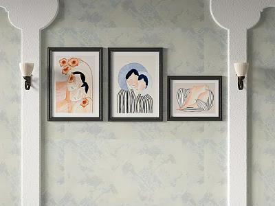 Three Framed Wall Artworks On Patterned Wallpaper With Wall Sconces Interior Decor 3d model