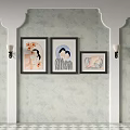 Three Framed Wall Artworks On Patterned Wallpaper With Wall Sconces Interior Decor