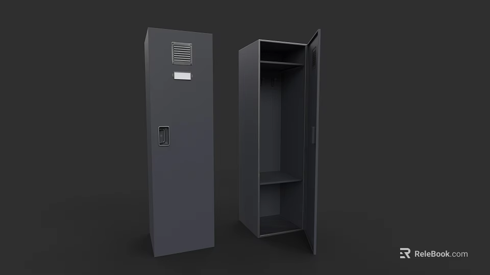 Gray Storage Cabinet Featuring Ventilation Grille And Open Door With Shelves 3d model 