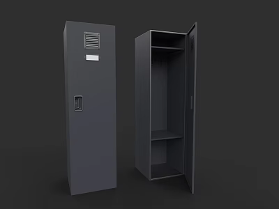 Gray Storage Cabinet Featuring Ventilation Grille And Open Door With Shelves 3d model
