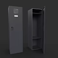Gray Storage Cabinet Featuring Ventilation Grille And Open Door With Shelves
