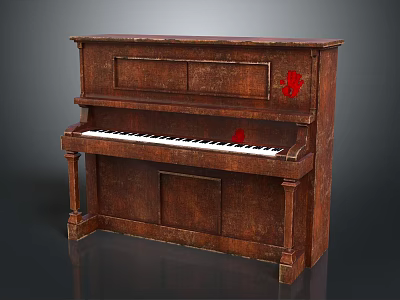 Musical Instrument And Art Supplies Showcasing Brown Wooden Upright Piano With Red Paint Marks 3d model