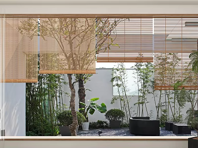 Bamboo Blinds Filtering Natural Light In Modern Interior With Outdoor Greenery And Trees 3d model