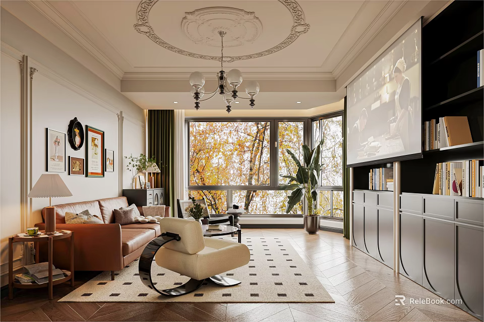 Classic Living Room Interior With Chandelier Sofa Armchair And Autumn Window View 3d model 