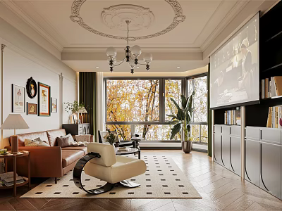 Classic Living Room Interior With Chandelier Sofa Armchair And Autumn Window View 3d model