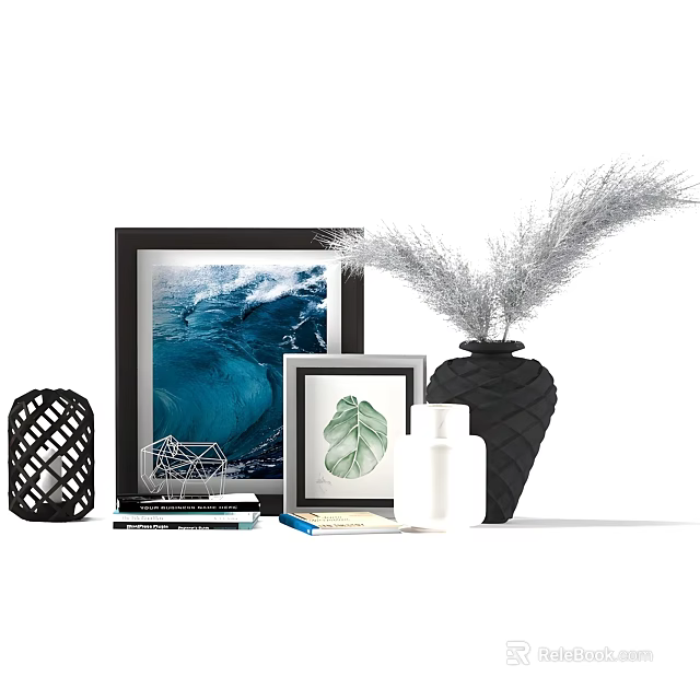 Modern Decorative Ornament Set with Framed Artworks Black Vase Pampas Grass Lantern and Books 3d model 