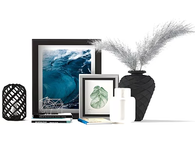 Modern Decorative Ornament Set with Framed Artworks Black Vase Pampas Grass Lantern and Books 3d model