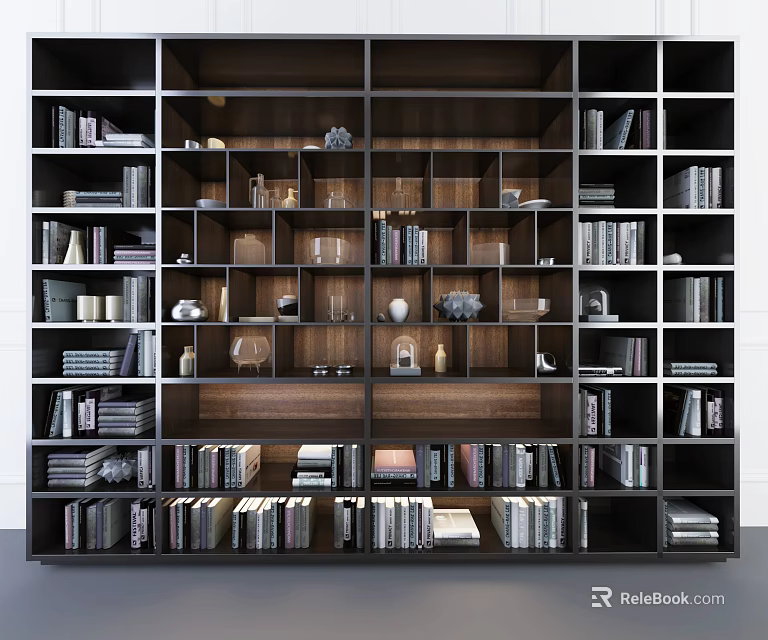 Stylish Modern Bookcase Interior Design With Shelves Books Decorative Items And Glassware 3d model 