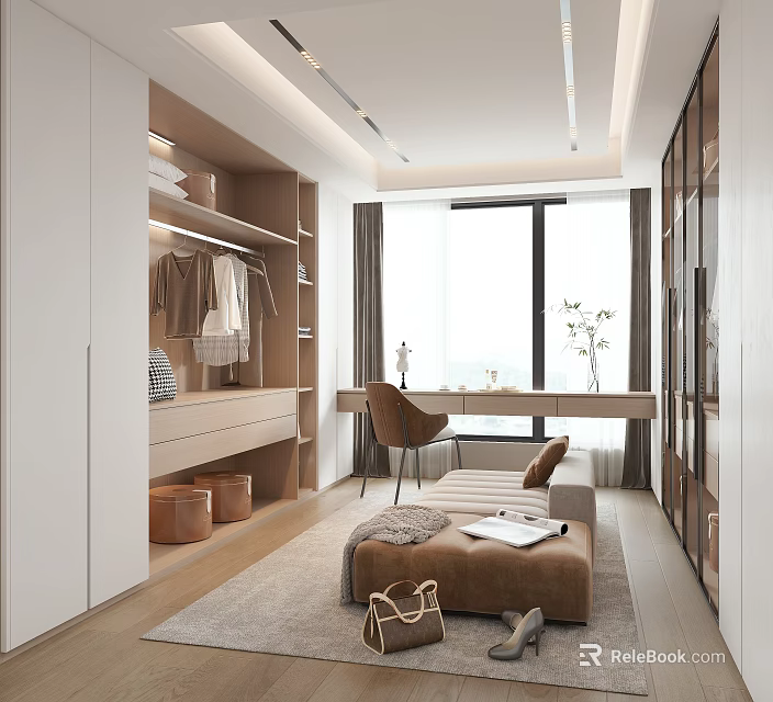 Modern Walk in Closet Interior Design With Open Shelves Hanging Rods And Bench 3d model 