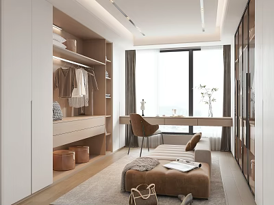 Modern Walk in Closet Interior Design With Open Shelves Hanging Rods And Bench 3d model