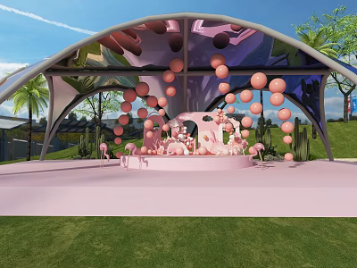 Pink Themed Stage With Hanging Balloons And Decorative Canopy In Outdoor Setting 3d model