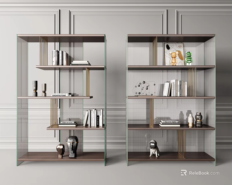Modern Double Bookshelf With Glass Shelves Wooden Frame Books Vases And Sculptures 3d model 