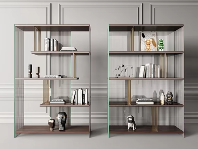 Modern Double Bookshelf With Glass Shelves Wooden Frame Books Vases And Sculptures 3d model
