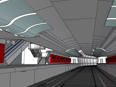 Modern Train Station Interior With Platform Red Train Staircase And Curved Ceiling 3d model