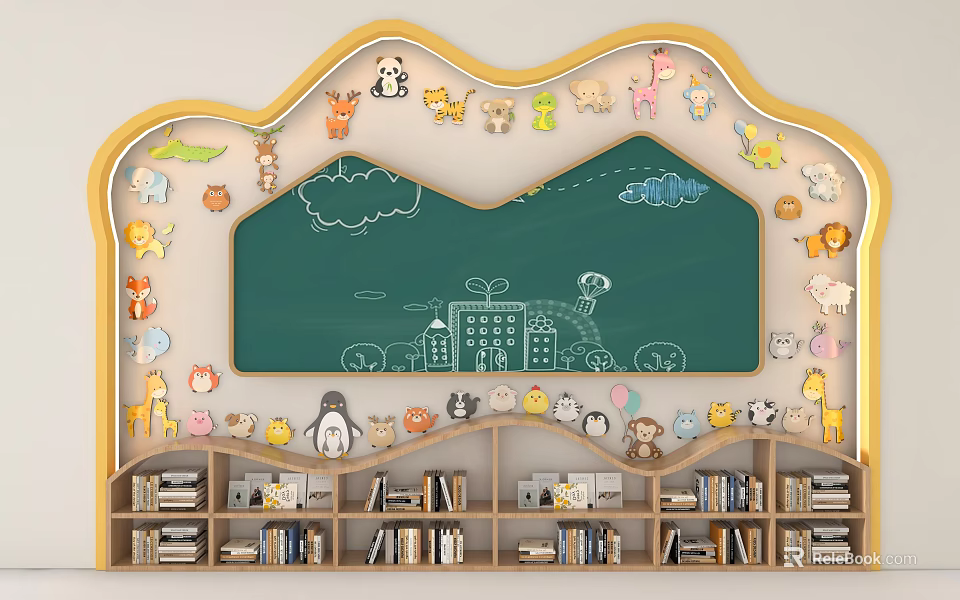 Kindergarten Classroom With Blackboard Cartoon Drawings Animal Decorations And Bookshelves 3d model 