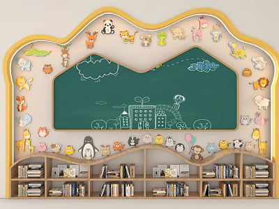 Kindergarten Classroom With Blackboard Cartoon Drawings Animal Decorations And Bookshelves 3d model