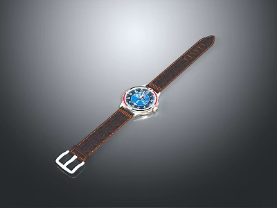 Classic Watch With Brown Leather Strap And Blue Dial Silver Case Design 3d model