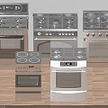 Various Stainless Steel Kitchen Appliances with Gas and Electric Stoves Ovens on Wooden Floor