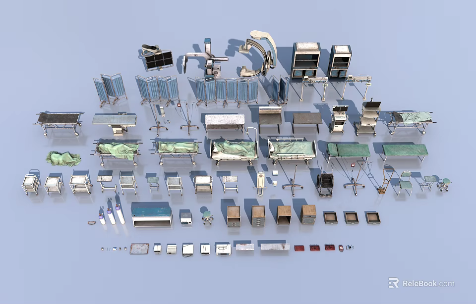Diverse Medical Equipment Assortment Featuring Surgical Tables Instrument Stands And Trays 3d model 