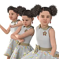 Little Girl In Gray Floral Dress With Bow And Sneakers In Various Poses