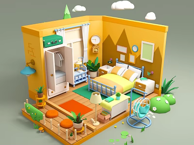 Cartoon Themed Bedroom With Yellow Walls Bed Wardrobe Plants And Cloud Decorations 3d model