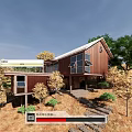 Wooden House with Sloped Roof Large Windows and Stone Steps in Natural Trees
