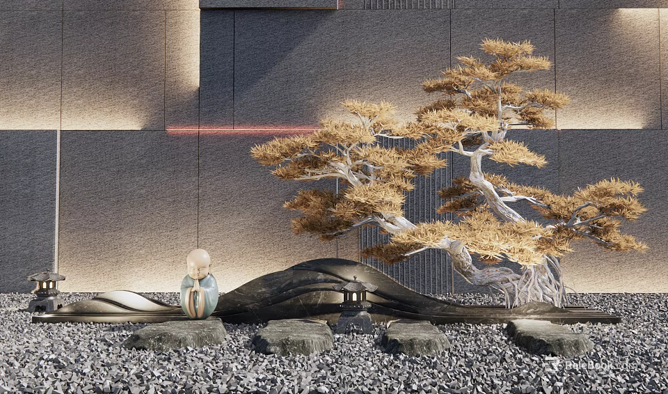 Zen Courtyard Garden With Japanese Pine Decorative Stones Gravel Ground And Gray Wall Red Line 3d model 
