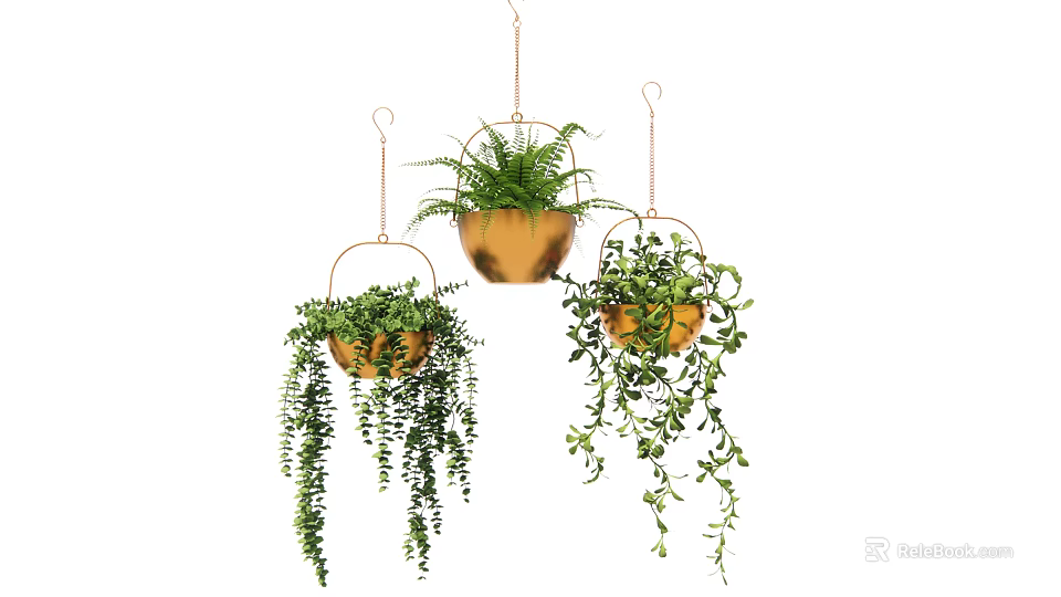 Three Hanging Planters With Trailing Green Plants In Decorative Brown Pots 3d model 