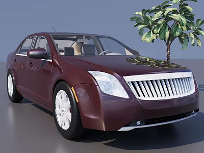 Burgundy Sedan with Front Grille Design Parked Near a Tree in Neutral Background 3d model