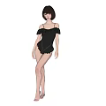A Woman In Stylish Black Off Shoulder One Piece Swimsuit With Short Hair And Barefoot 3d model