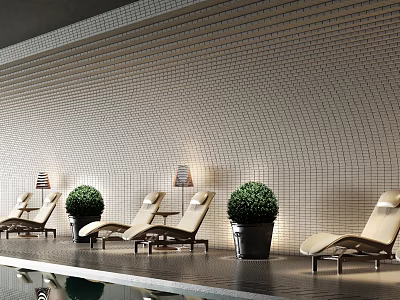 Lounge Chairs At Poolside With Beige Striped Tile Wall Green Potted Plants And Floor Lamps 3d model