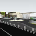 Modern Entrance Gate Design With Glass Structure And Fountain Plaza Lighting