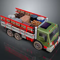 Green Truck with Red Railings in Cargo Bed Loaded with Oil Drums and Wooden Crates 3d model