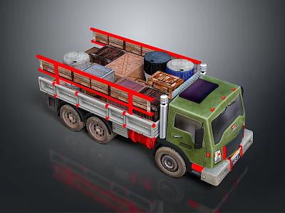 Green Truck with Red Railings in Cargo Bed Loaded with Oil Drums and Wooden Crates 3d model