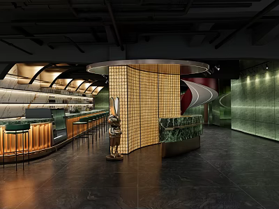 Modern Bar Interior With Curved Counter Green Marble And Warm Lighting 3d model