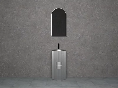 Arched Black Frame Bathroom Mirror On Gray Wall With Silver Sink And Black Faucet Below 3d model