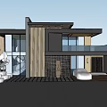 Modern Detached Villa Exterior With Large Glass Windows Wooden Accents And Garage
