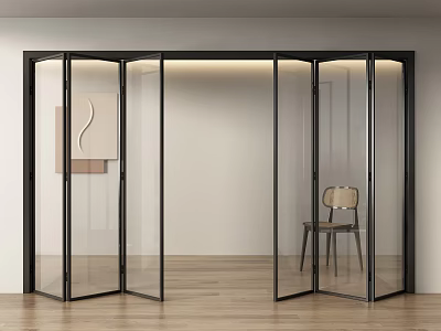 Modern Glass Folding Doors With Black Frame In Interior Space Featuring Wooden Floor And Chair 3d model