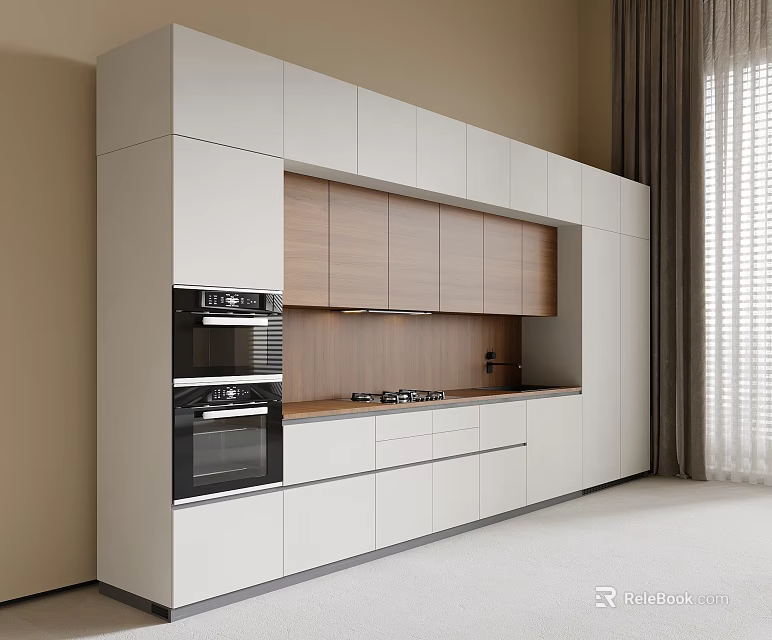 Modern Kitchen Interior With White And Wooden Cabinets Oven And Stove 3d model 