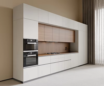 Modern Kitchen Interior With White And Wooden Cabinets Oven And Stove 3d model