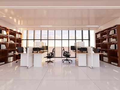 Bright Public Office Space With Large Windows Bookshelves White Desks And Black Chairs 3d model