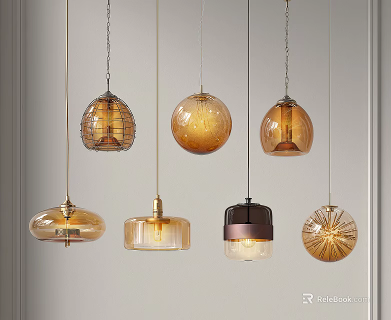 Modern Decorative Pendant Lights With Various Glass And Metal Designs In Warm Tones 3d model 