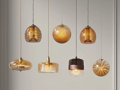 Modern Decorative Pendant Lights With Various Glass And Metal Designs In Warm Tones 3d model