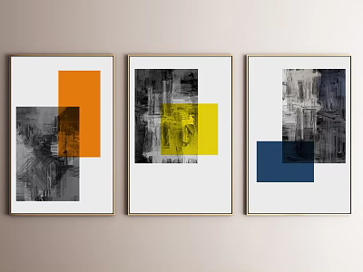 Three Abstract Paintings With Orange Yellow Blue Geometric Shapes Hanging On Wall 3d model