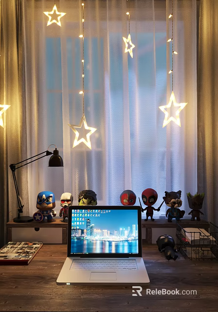 Laptop Screen Showing City Night View On Desk With Marvel Figurines Star Lights White Curtains 3d model 