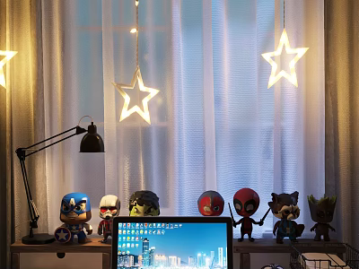 Laptop Screen Showing City Night View On Desk With Marvel Figurines Star Lights White Curtains 3d model