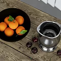 Inflatable Fruit Shaped Decorations With Oranges Cherries And Silver Pitcher On Wooden Table 3d model